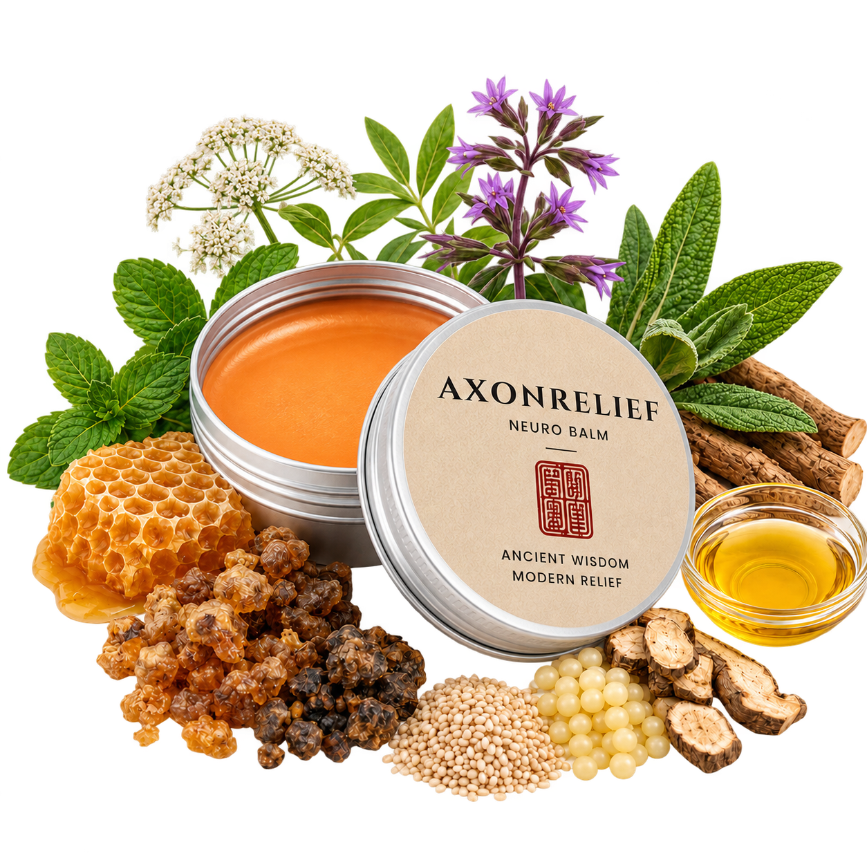 AxonRelief Miracle Balm surrounded by its botanical ingredients
