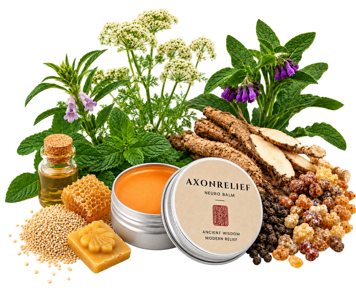 AxonRelief Miracle Balm surrounded by botanical ingredients