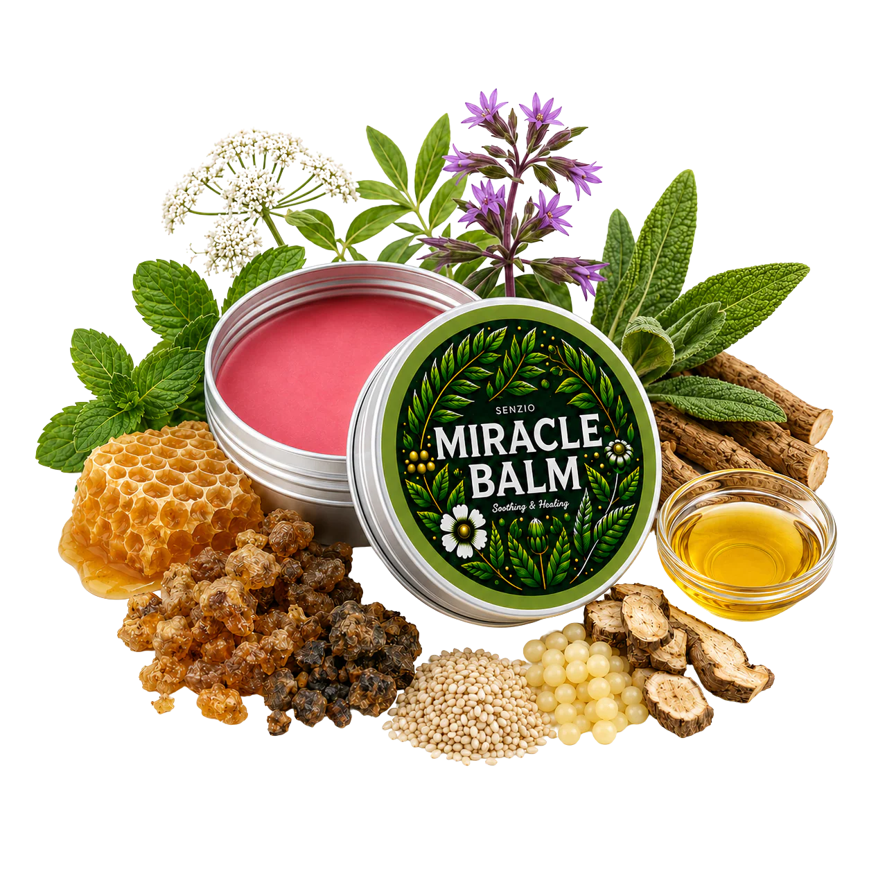 AxonRelief Miracle Balm surrounded by its botanical ingredients