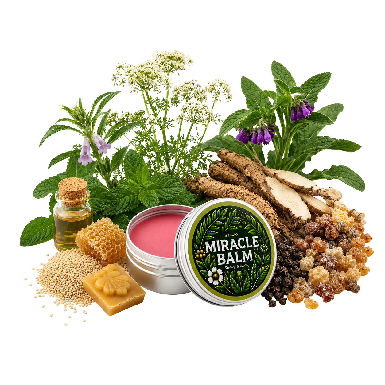 AxonRelief Miracle Balm surrounded by botanical ingredients